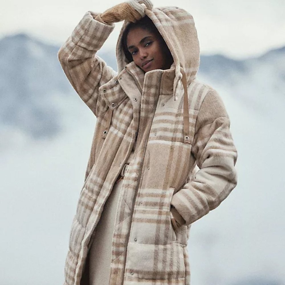 NEW Anthropologie Avec Les Filles Brushed Printed Puffer Coat Size Large beige